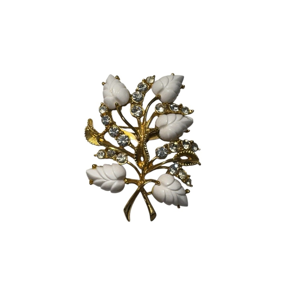 Vintage Gold Tone White Lucite Leaves Rhinestone Botanical Bouquet Brooch Pin